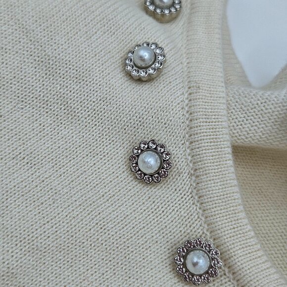 Sweet Charmers Ivory Cropped Cardigan Pearl Embellished Neckline Long Sleeves Wo - Picture 7 of 14
